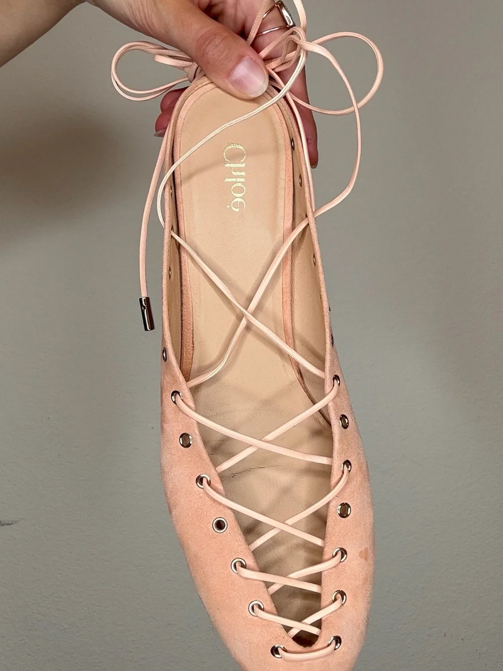 Chloe Pale Pink Lace-Up Suede Ballet Flats